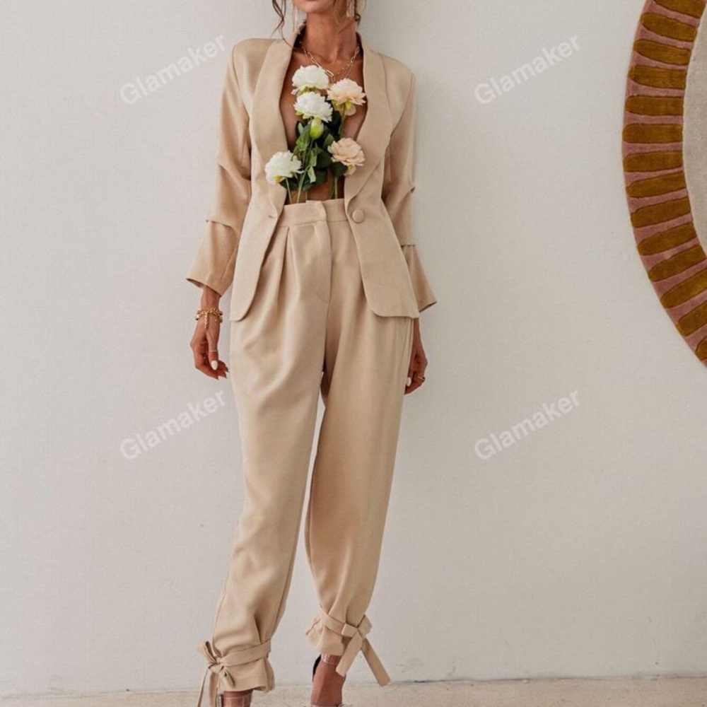 Glamaker Shawl Collar Single Button Blazer & Knot Hem Pants Set